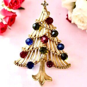 Trifari Vintage Crown Goldtone Multi-Color Rhinestone Christmas Tree Brooch